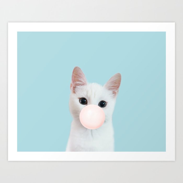 Bubble gum cat in blue Art Print