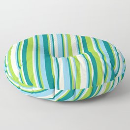[ Thumbnail: Teal, Green, Beige & Light Sky Blue Colored Stripes/Lines Pattern Floor Pillow ]