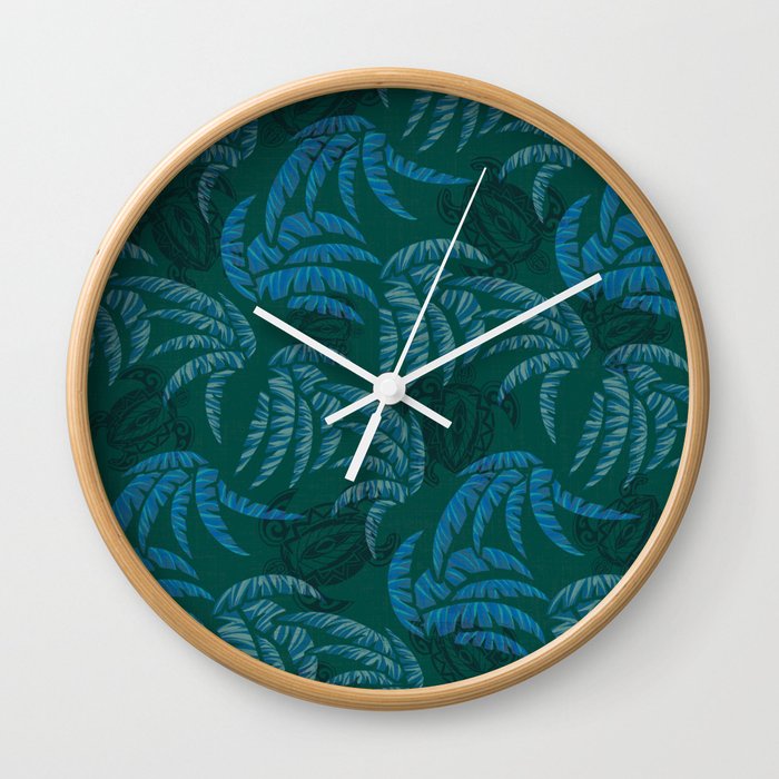 Hawaiian Dark Emerald Honu and Palm Leaves Pattern Wall Clock