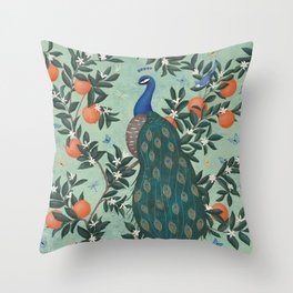 Tropical Peacock Chinoiserie With Oranges Throw Pillow