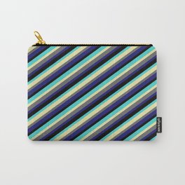 [ Thumbnail: Eyecatching Turquoise, Pale Goldenrod, Dim Gray, Midnight Blue, and Black Colored Striped Pattern Carry-All Pouch ]