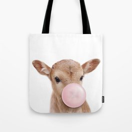 Baby Cow Blowing Bubble Gum, Pink Nursery, Baby Animals Art Print by Synplus Tote Bag