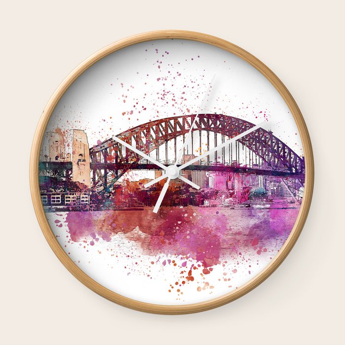 Sydney Harbor Bridge Watercolor Art Wall Clock by lebensart Society6
