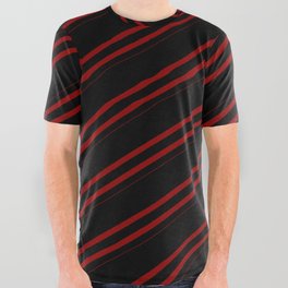 [ Thumbnail: Black & Dark Red Colored Striped Pattern All Over Graphic Tee ]