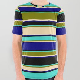 [ Thumbnail: Turquoise, Green, Beige, Blue & Black Colored Striped/Lined Pattern All Over Graphic Tee ]