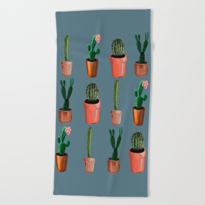 Various Cacti Blue Beach Towel
