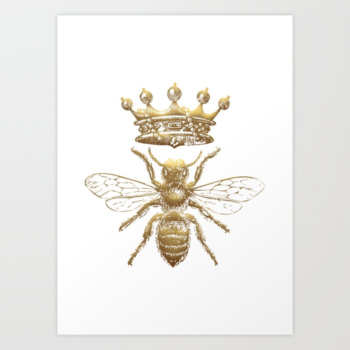 Queen Bee | Vintage Bee with Crown | Gold and White | Art Print