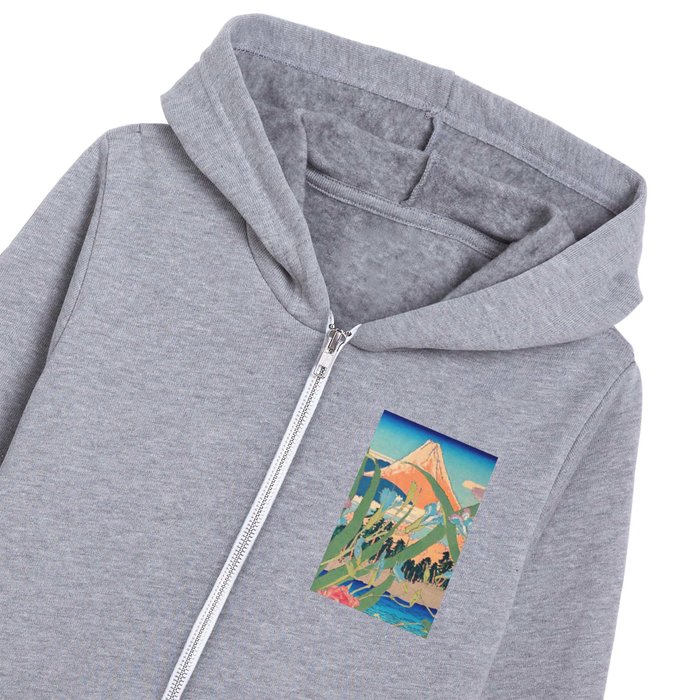 Reaching Lake Kino  - Mountain & Coast - Ukiyo Nature Landscape in Blue, Orange, Pink, and  Green Kids Zip Hoodie