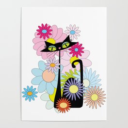 Atomic MCM Cat with Flowers Poster