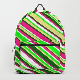 [ Thumbnail: Eye-catching Deep Pink, White, Lime, Tan & Dark Green Colored Lined/Striped Pattern Backpack ]