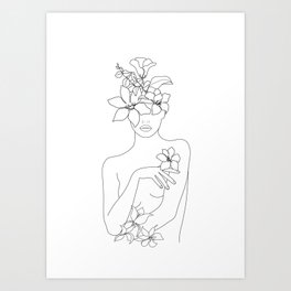 Minimal Line Art Woman with Flowers IV Art Print