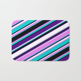 [ Thumbnail: Eyecatching Violet, Dark Turquoise, Black, Indigo & White Colored Lines/Stripes Pattern Bath Mat ]