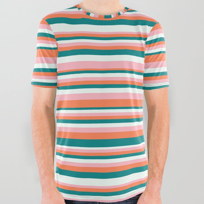 Teal, Mint Cream, Light Pink, and Coral Colored Lines/Stripes Pattern All Over Graphic Tee