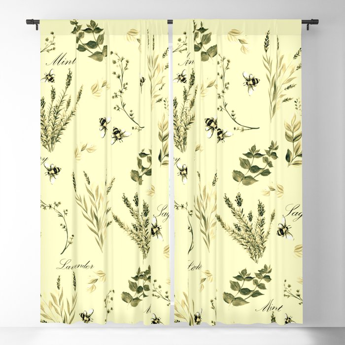 Herbs and Bees-Yellow Blackout Curtain