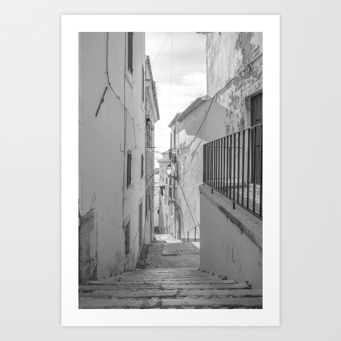 Vintage black and white street alley in Alfama Lisbon Portugal - summer travel photography Art Print