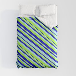 [ Thumbnail: Turquoise, Light Green, and Blue Colored Stripes Pattern Comforter ]