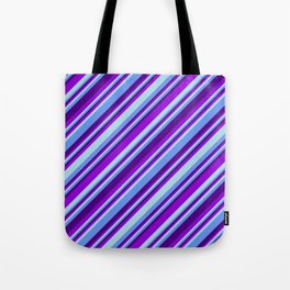 [ Thumbnail: Indigo, Dark Violet, Light Blue & Cornflower Blue Colored Lined Pattern Tote Bag ]