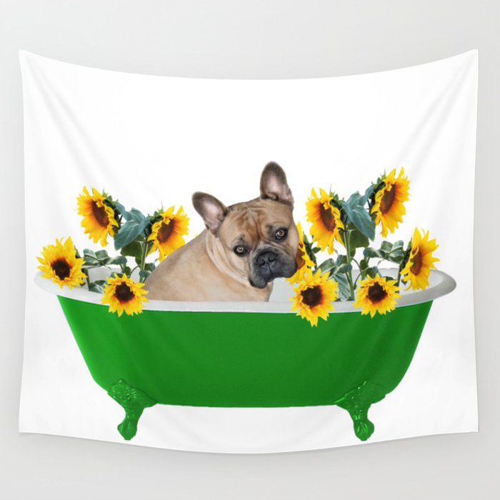 Bulldog - Green Bathtub with Sunflowers Wall Tapestry