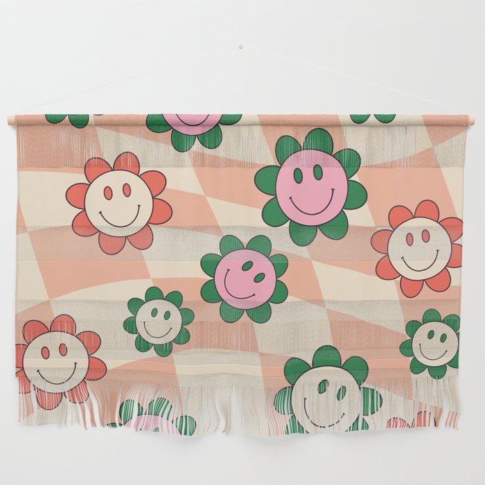 Peach 60s Groovy Gingham Happy Face Wall Hanging