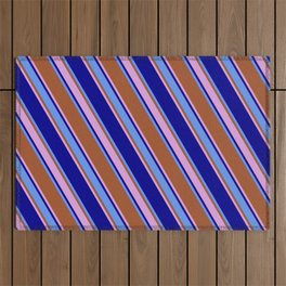 [ Thumbnail: Sienna, Plum, Dark Blue & Cornflower Blue Colored Lines/Stripes Pattern Outdoor Rug ]