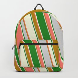 [ Thumbnail: Salmon, Dark Goldenrod, Light Grey, Forest Green, and Beige Colored Striped/Lined Pattern Backpack ]
