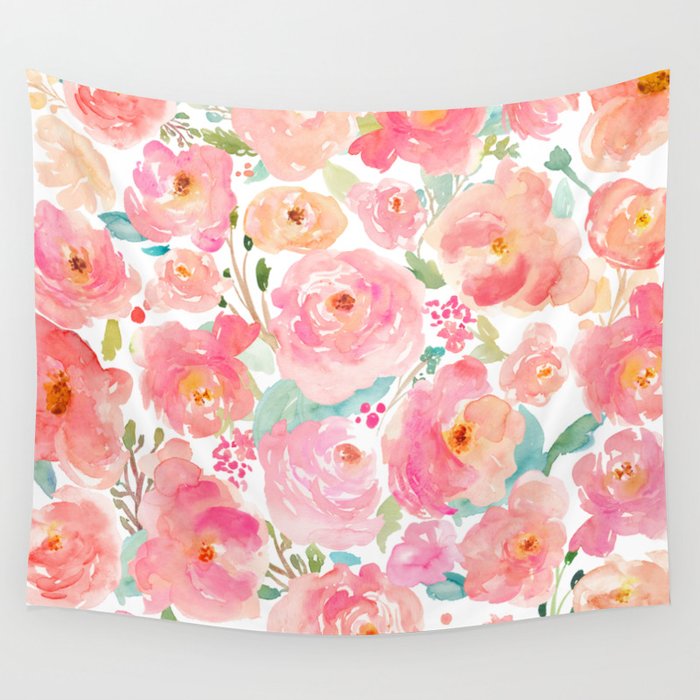Watercolor Peonies Summer Bouquet Wall Tapestry