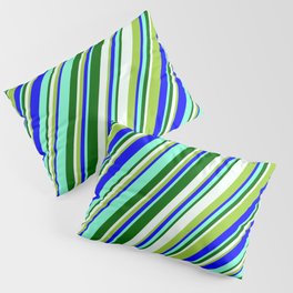 [ Thumbnail: Eyecatching Green, Blue, Aquamarine, Dark Green, and Mint Cream Colored Stripes Pattern Pillow Sham ]