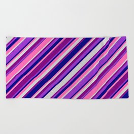[ Thumbnail: Eye-catching Purple, Dark Orchid, Blue, Hot Pink & Light Grey Colored Lined Pattern Beach Towel ]