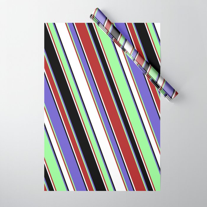 Vibrant Green, Red, White, Black & Slate Blue Colored Lined Pattern Wrapping Paper