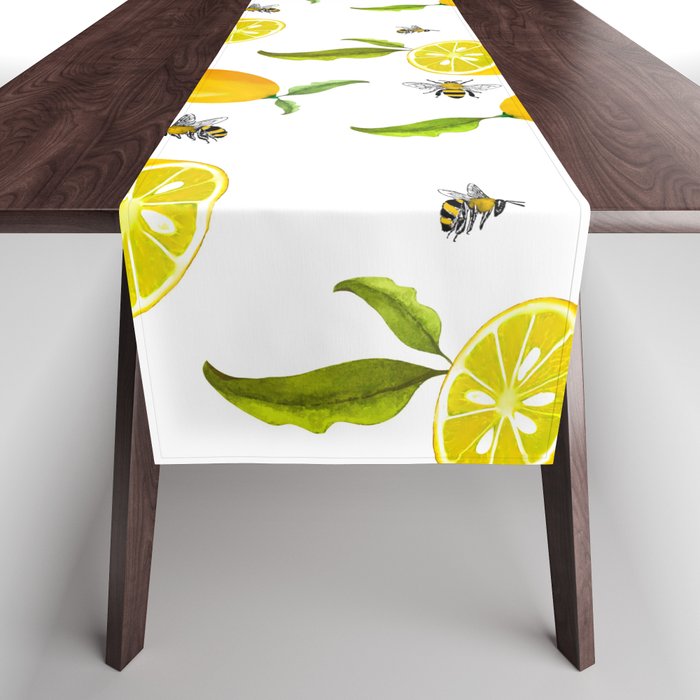 Summer,bees, citrus ,floral Mediterranean style ,lemon fruit pattern  Table Runner