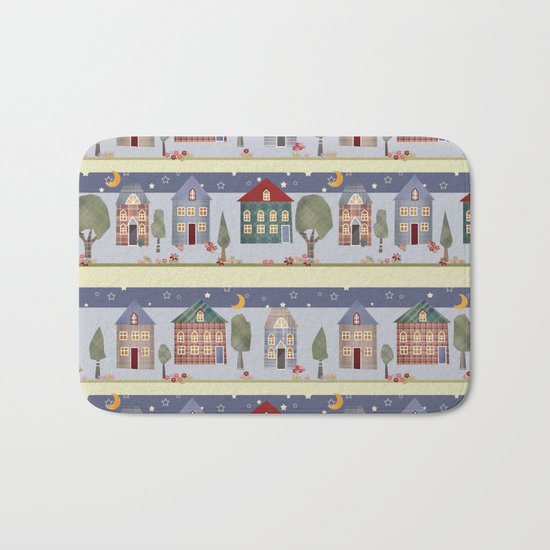 Kids patchwork seamless pattern with houses and trees Bath Mat
