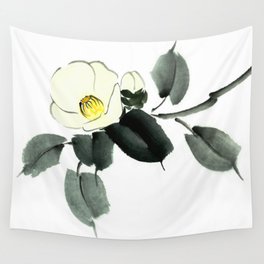 White camellia sumi ink and japanese watercolor painting Wall Tapestry