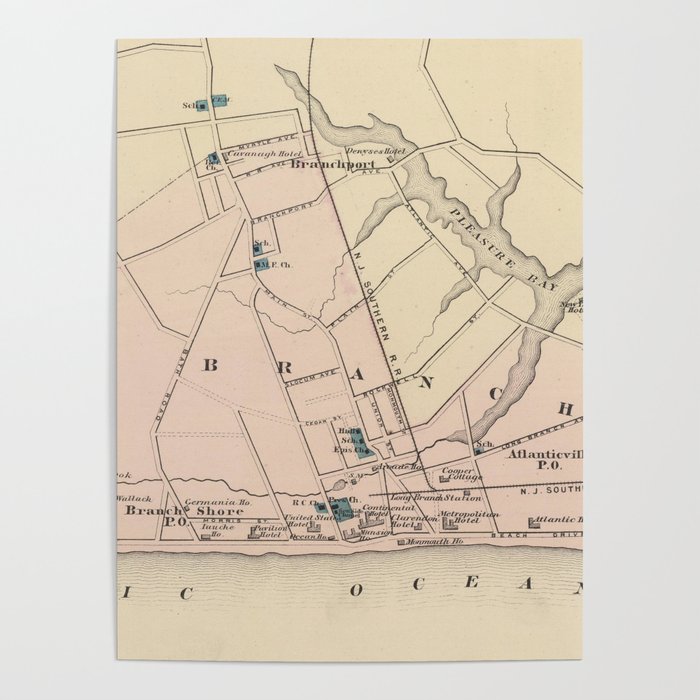 Vintage Map of Long Branch NJ (1872) Poster by BravuraMedia Society6