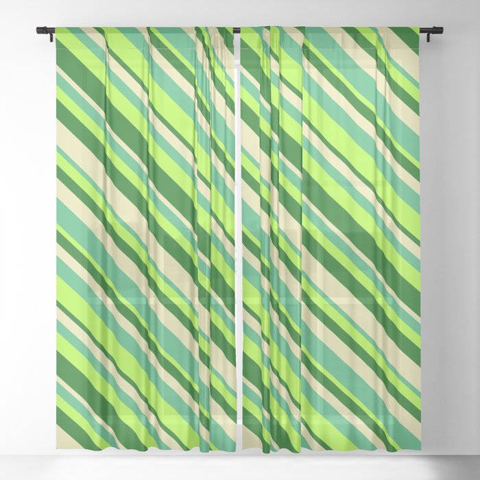 Light Green, Dark Green, Pale Goldenrod & Sea Green Colored Lines Pattern Sheer Curtain