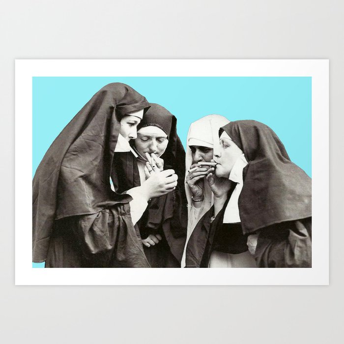 Nuns Smoking Vintage Photography 1931 Blue Background Art Print
