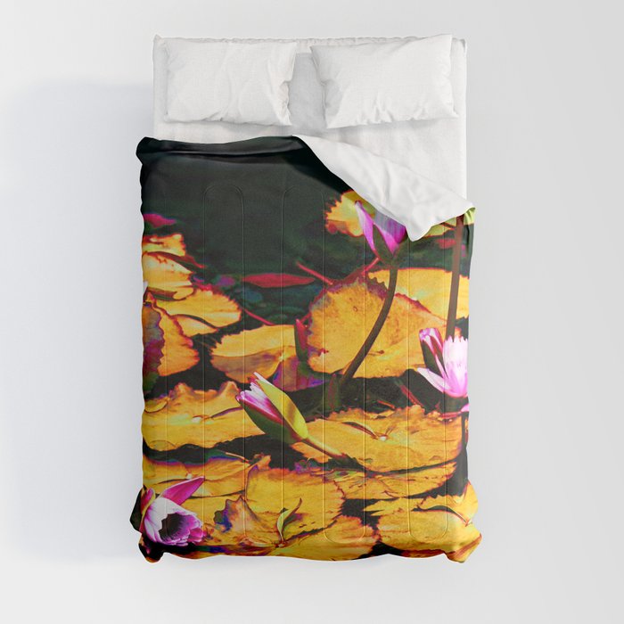 Beautiful Pink Lotus Flowers Ocher Yellow Leaves Dark Background #decor #society6 #buyart Comforter