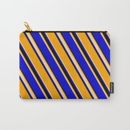 [ Thumbnail: Orange, Tan, Blue, and Black Colored Striped Pattern Carry-All Pouch ]