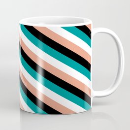 [ Thumbnail: Dark Salmon, Black, Dark Cyan, and White Colored Lines/Stripes Pattern Coffee Mug ]