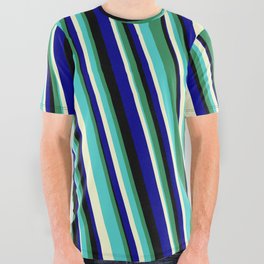 [ Thumbnail: Eyecatching Sea Green, Turquoise, Light Yellow, Dark Blue, and Black Colored Stripes/Lines Pattern All Over Graphic Tee ]