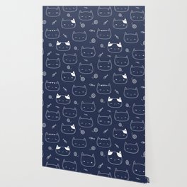 Navy Blue and White Doodle Kitten Faces Pattern Wallpaper