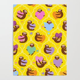 sloth holding red pink, lilac, orange, blue, green heart, on yellow background. Valentine's Day . Fu Poster