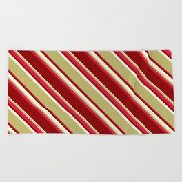 [ Thumbnail: Dark Khaki, Crimson, Dark Red & Beige Colored Pattern of Stripes Beach Towel ]