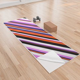 [ Thumbnail: Eyecatching Violet, Midnight Blue, Red, Black & White Colored Lines/Stripes Pattern Yoga Towel ]