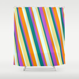 [ Thumbnail: Eye-catching Orchid, Teal, Tan, Light Cyan, and Dark Orange Colored Pattern of Stripes Shower Curtain ]