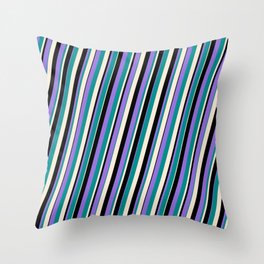 [ Thumbnail: Purple, Dark Cyan, Beige & Black Colored Striped Pattern Throw Pillow ]