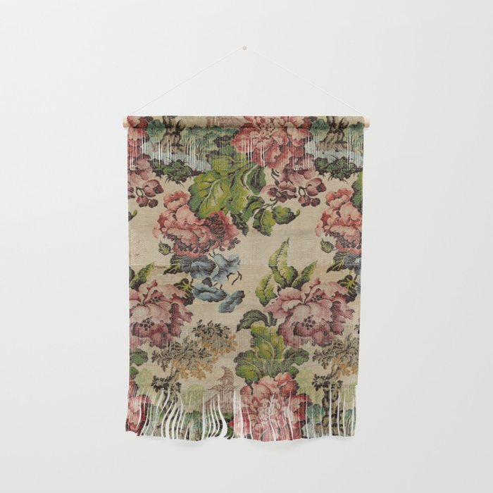 Vintage French Peony Floral Textile, 1700s Wall Hanging