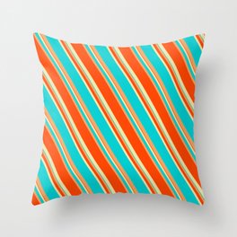 [ Thumbnail: Pale Goldenrod, Dark Turquoise, Brown, and Red Colored Lines/Stripes Pattern Throw Pillow ]