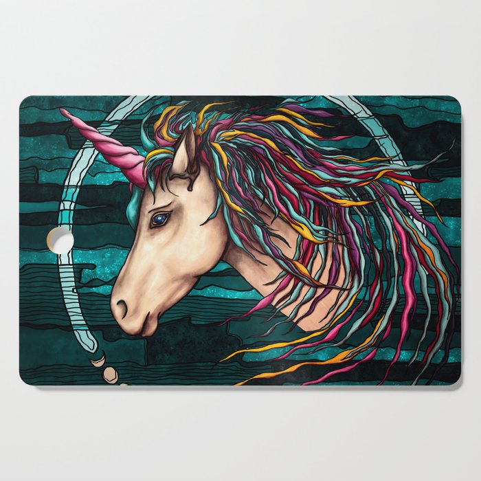 Rainbow unicorn painting, legendary creature on teal background Cutting Board