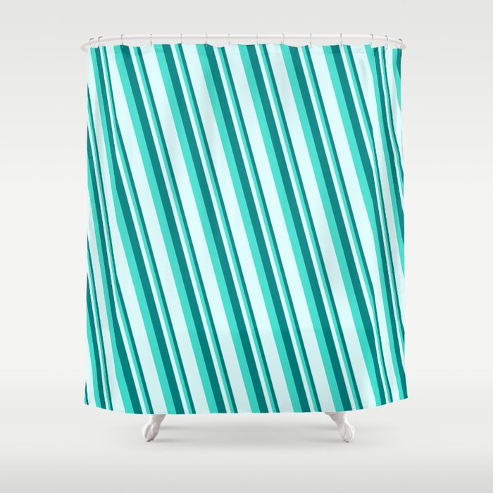 Teal, Turquoise, and Light Cyan Colored Stripes Pattern Shower Curtain