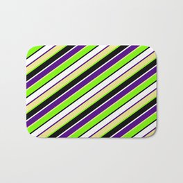 [ Thumbnail: Eye-catching Indigo, Tan, Green, Black & White Colored Lined/Striped Pattern Bath Mat ]